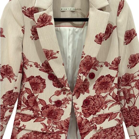 Alice + Olivia Mya Notch Collar Fitted Blazer Off White Multi Red Floral Size 2 - Picture 10 of 16
